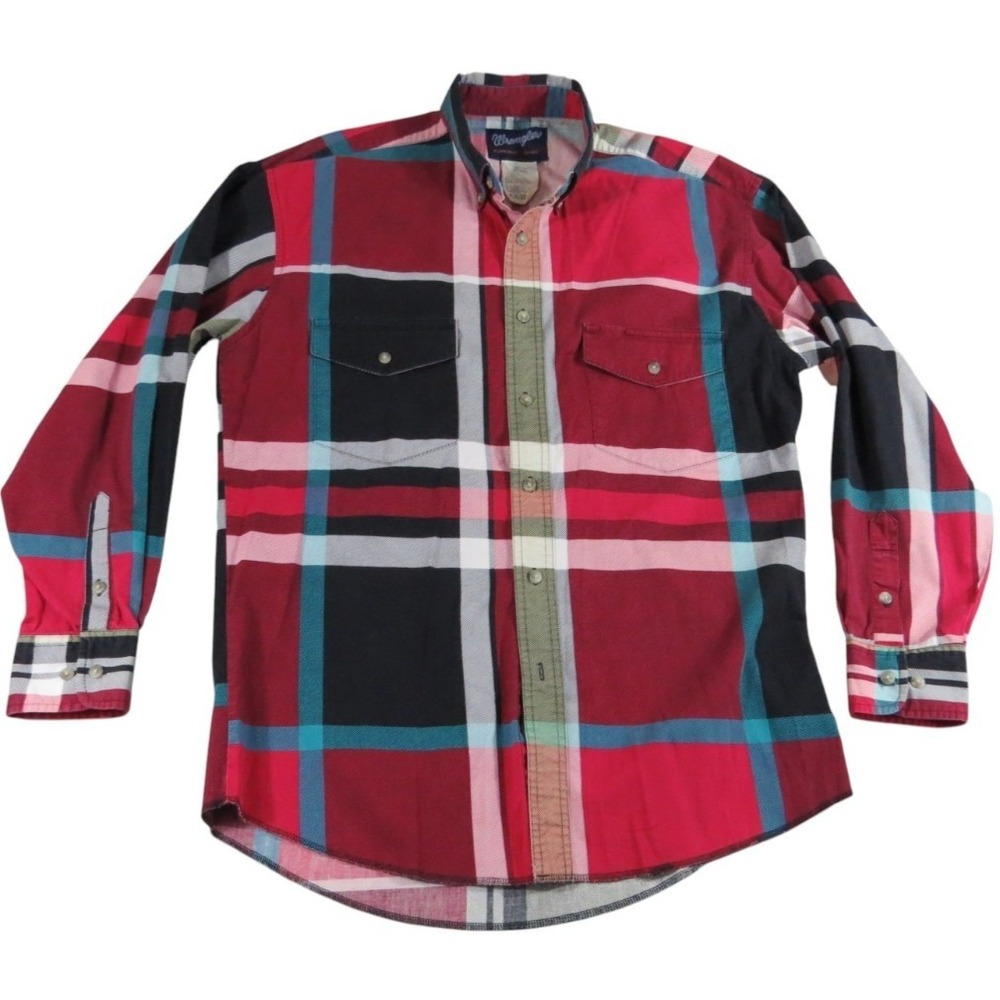 VTG 90's Wrangler Plaid Western Shirt Mens 15.5 33 Pearl Snap X-Long Tails Red M